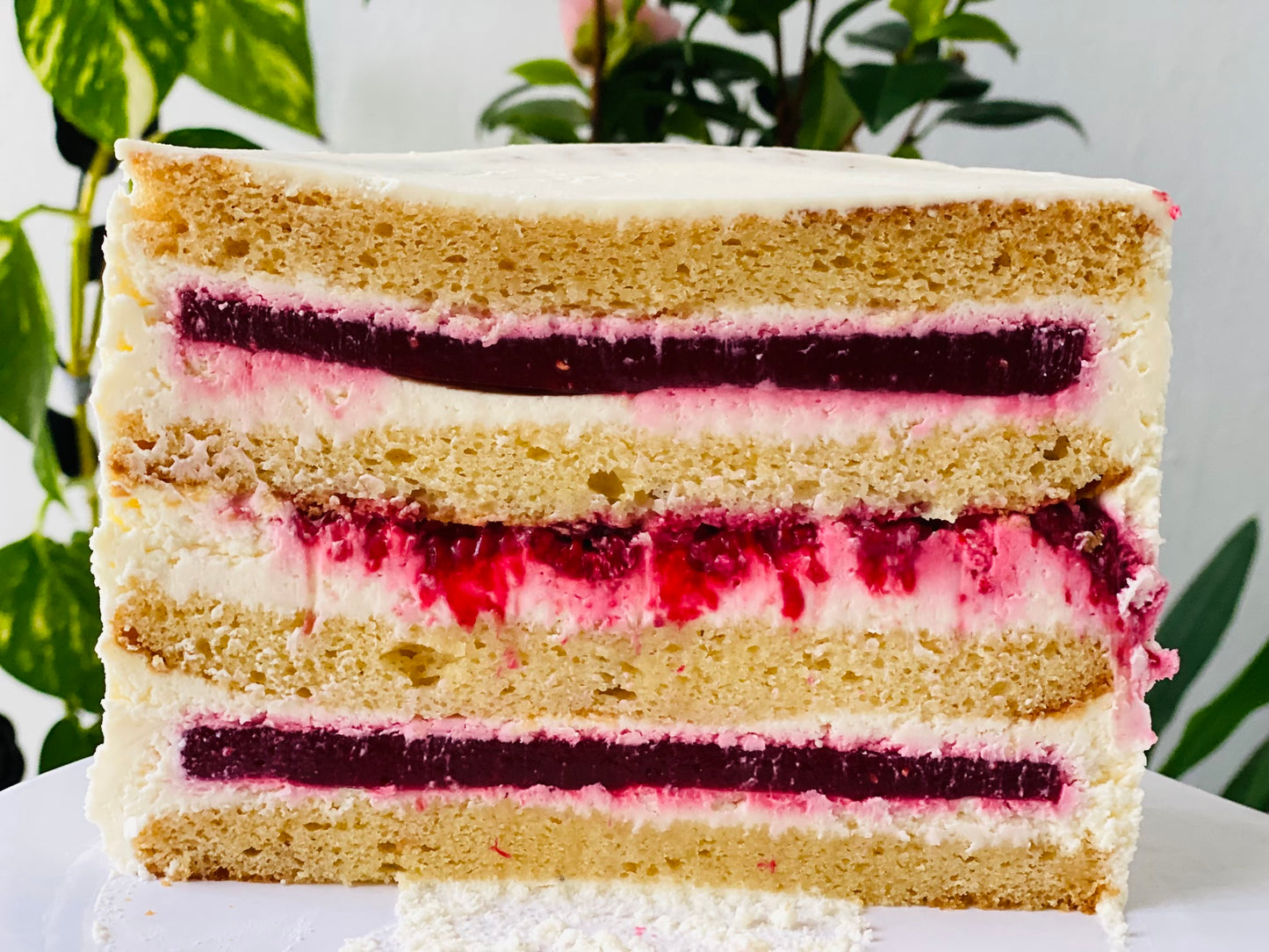 Tort cu blaturi umede de ciocolată albă, cremă de brânză și zmeură